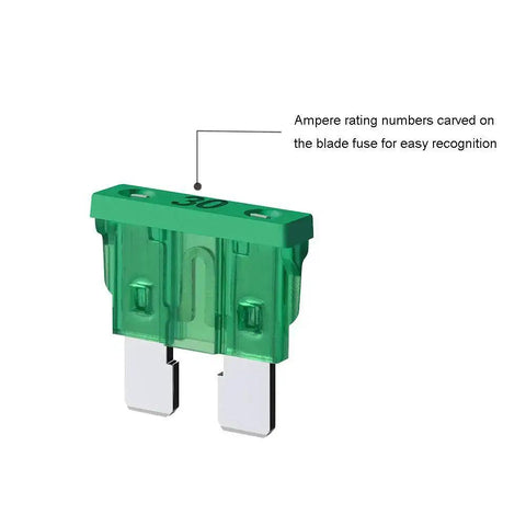 Green 30 amp ATC ATO automotive blade fuse from 12 Gauge Inline Fuse Holder ATC ATO Kit With 65 Piece Car Fuses 5 Pack Bundle Includes 1A 2A 3A 4A 5A 7.5A 10A 15A 20A 25A 30A 35A 40A Automotive Replacement Fuses Heavy Duty 12 AWG Wiring Harness