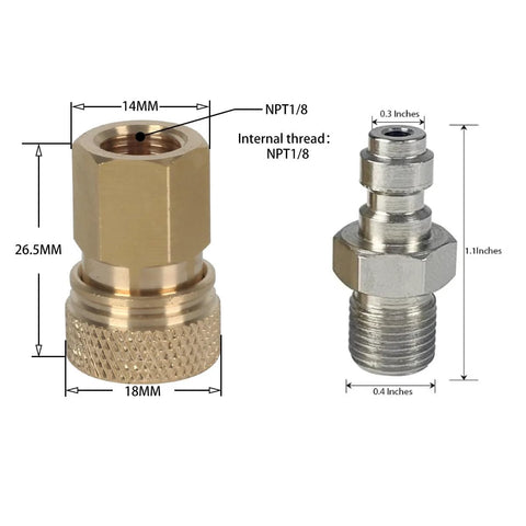 Brass quick-disconnect to 1/8 NPT adapter set; female QD coupling with knurled nut and male 1/8 NPT end.
