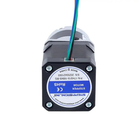 Front view of Nema 17 Stepper Motor With 5 To 1 MG Series Planetary Gearbox showing label and wiring