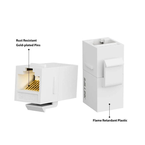 Front and side view of Cat6 RJ45 Keystone Coupler 25 Pack Female to Female UTP Inline Jack with gold-plated pins and flame retardant plastic.