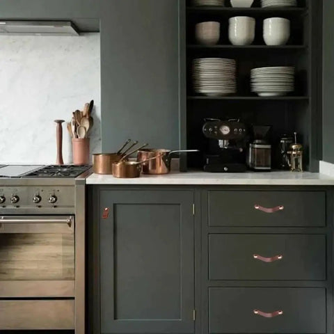 Kitchen cabinets with 10 Pack Soft Genuine Leather Drawer Pulls Handles 5-1/2 Inch By 1 Inch With Screws for stylish home decoration.