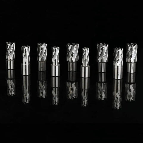 Heavy Duty Annular Cutter Set For Magnetic Drill Press 13 Piece With One Inch Cutting Depth And Weldon Shank Three Quarter Inch Diameters From Seven Sixteenths To One And One Sixteenth Inch With Two Pilot Pins By OSCARBIDE arranged in a row