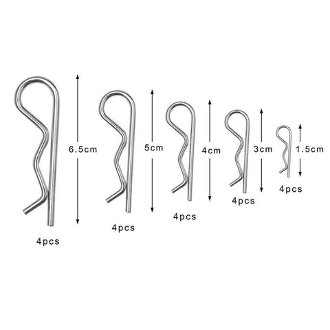 20 Piece Cotter Pins And R Clips Assortment Kit for Machinery and Farm Equipment, showing 5 sizes M1 to M3 zinc plated pins.