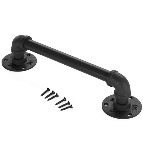 11 Inch Pipe Barn Door Handle Black Rustic Industrial Grab Bar Towel Bar Handrail And Pull For Stairs Gate And Garage Heavy Duty Cast Iron Durable With Round Base And Frosted Black Finish For Everyday Home Use.