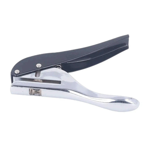 Ergonomic Handheld 1 Hole Paper Punch 8mm Diameter Full Metal Puncher, side view, black handle, 25mm depth, up to 25 sheets