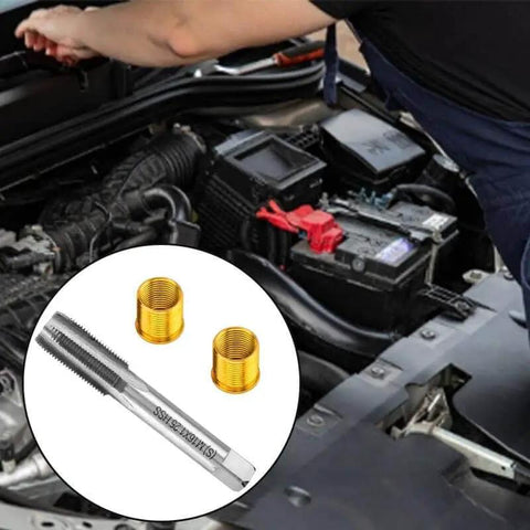 Mechanic using M14x1.25 Thread Repair Kit For Spark Plugs And Engine Threads Plus Tap 11 Piece Set Pro Grade Helicoil Set