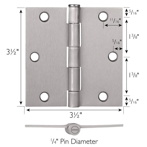 Interior door hinge, satin nickel finish, 3.5 x 3.5 in, heavy-duty steel, square corners