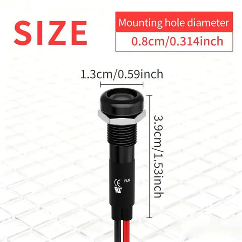 Diagram showing 180 Changeable Symbols LED Indicator Light 12V-24V IP67 size with mounting hole diameter and dimensions in inches and cm.