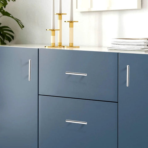 Blue cabinet with 5 Pack 3 Inch Polished Chrome Cabinet Pulls Euro T Bar Stainless Steel Kitchen and Dresser Hardware installed