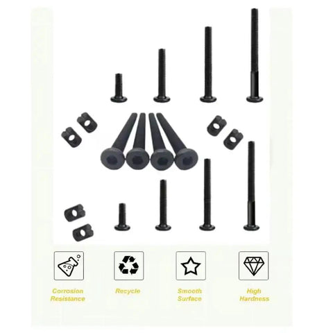 32 Piece M6 Hex Bolts And Socket Nuts Replacement Kit For Beds, Furniture, Headboards And Cribs Includes 12 16 25 35 45 55 65 75 Mm Bolts And 32 Nuts, Durable Carbon Steel, Hex Drive, No Fuss Easy Install displayed with corrosion resistance and high hardness icons.