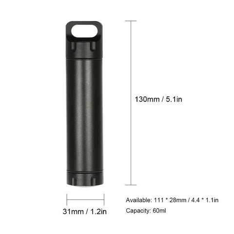 Portable Survival Waterproof Pill Container For Outdoor EDC Gear, CNC machined aluminum bottle, unbreakable and lightweight, dimensions shown