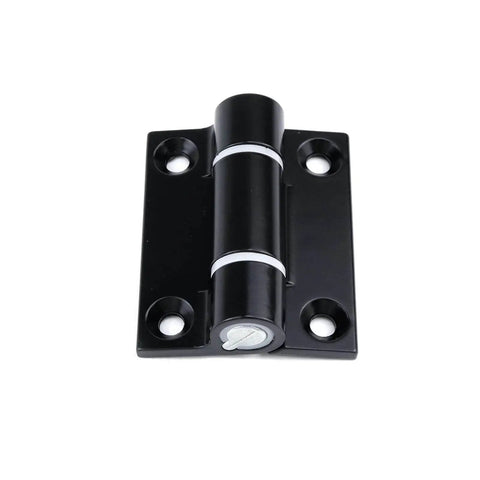 Heavy Duty Adjustable Position Control Damping Hinges 2 Pack Black Zinc Alloy For Furniture Cabinets Equipment 0 To 2.5 Nm Torque With Countersunk Holes 65 By 55 Mm, front view showcasing hinge details and countersunk holes on a white background.
