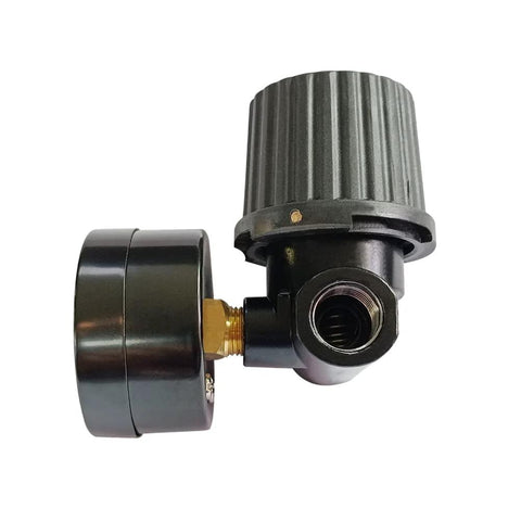 Air pressure regulator with ribbed adjustment knob, 1/4 NPT, black body and brass inlet fitting for air compressor