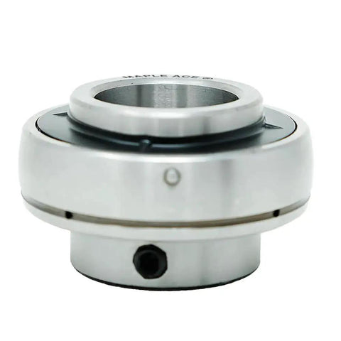 Front view of Workhorse UC205 Insert Bearing with 25mm Bore and Spherical OD, includes set screws and lubrication hole, Maple Ace.