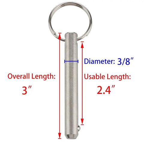 Set Of 2 Large Quick Release Pins With 316 Stainless Steel For Bimini Tops And Boat Tops Three Eighths Inch Diameter Usable Length Two Point Four Inches Overall Length Three Inches Spring Loaded Ball Tip Saltwater Ready Boat Gear showing dimensions.