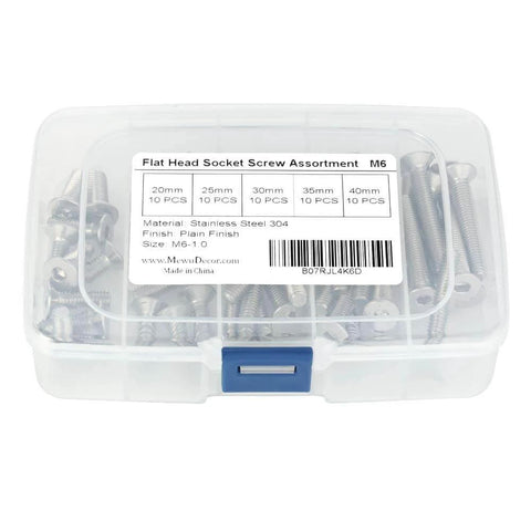 Clear box of Assorted M6 Flat Head Socket Cap Screws Available In 20, 25, 30, 35, And 40mm Lengths With 4mm Allen Drive