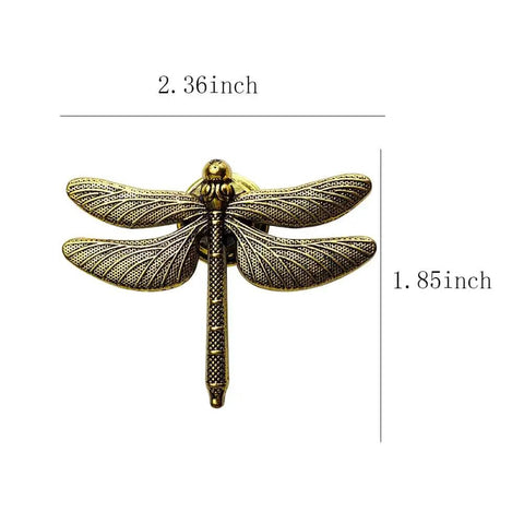 Dragonfly Drawer Knobs Set 6 Pieces in Ancient Gold, modern dresser pulls, zinc alloy hardware, realistic wing detail, front view