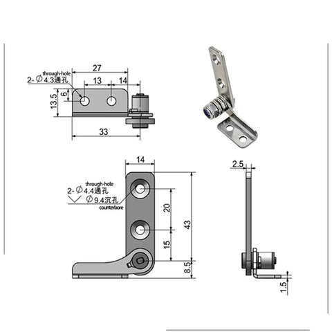 304 stainless steel adjustable torque-damping hinge, left-mounted, 2.5 N.m; front and side views.