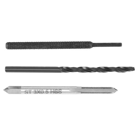 Close-up of M3 Stainless Steel Threaded Insert Kit components for Aluminum Parts Repair Pack of 50, showing tool options.