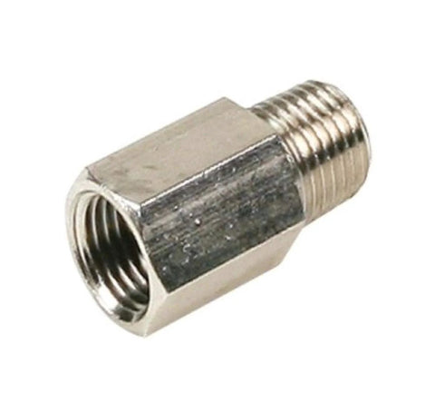 1/4 in NPT nickel-plated check valve with hex body, female inlet, male outlet.
