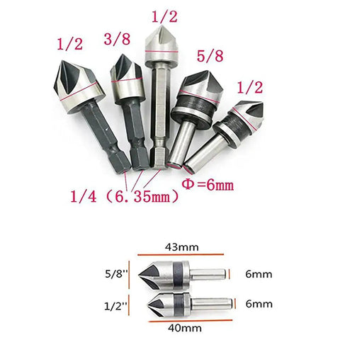 Five Piece Countersink Drill Bit Set For Wood Metal Plastic With 82 Degree Chamfer Pro Grade 5 Flute Deburring Bits shown