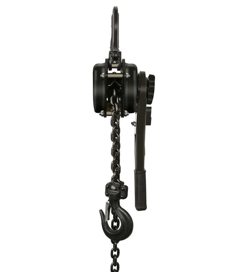 Manual Lever Hoist Come Along Three Quarters Ton Capacity 1650 Lbs, side view with heavy duty hook and chain, ideal for lifting.