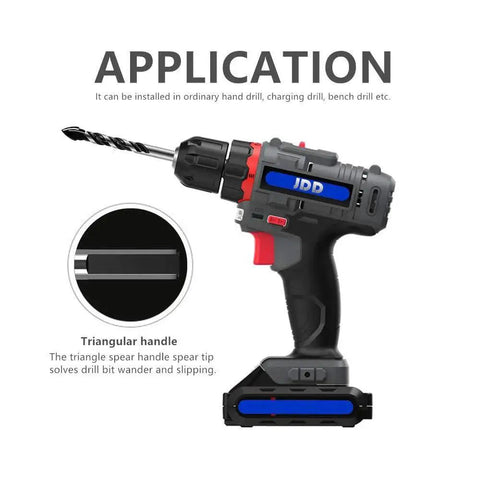 Cordless drill with All In One Quarter Inch Carbide Drill Bit Set For Tile Glass Masonry Concrete Marble Ceramic Plastic Wood Brick Cement, Ten Pieces, Three Flats Shank, Dual Use Design That Replaces Two Bits And Delivers Fast Dust Removal, showcasing triangular handle and installation.