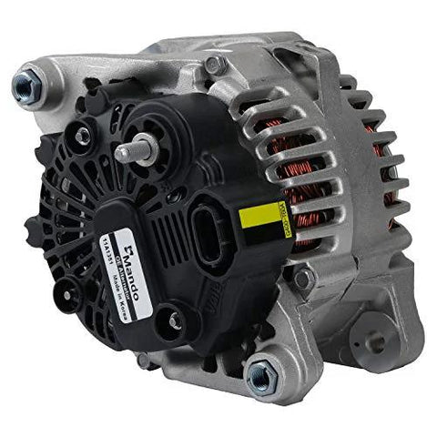 OE Replacement Alternator With Pulley For Hyundai Sonata 2.4L Tucson 2.0L To 2.4L Kia Forte Sedan 2.0L Optima 2.4L Sportage 2.4L With Electric Power Steering Direct Fit Interchange 373002G400 Plug And Play 2 Year Limited Warranty. Image showing the front side of the alternator unit.