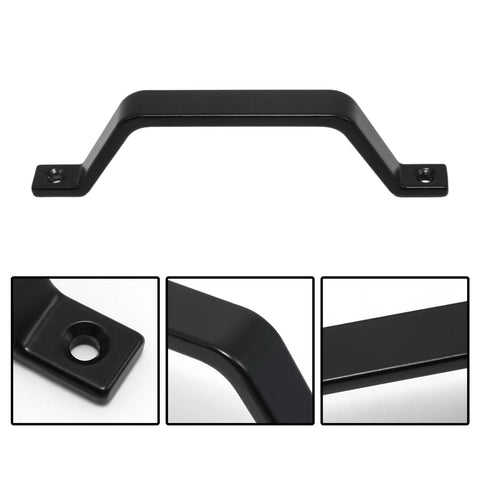 Front and close-up views of 2-Pack 6.1 Inch Black Barn Door Handles Set, Heavy Duty Sliding Door Pulls, with black finish and holes.
