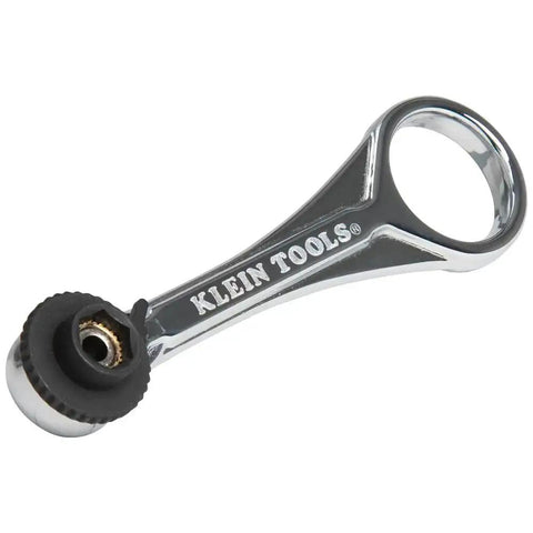 Side view of a Compact Five Piece Mini Ratchet Set For Tight Spots With Phillips And Slotted Bits One Quarter And Five Sixteenths Inch Nut Drivers Quarter Inch Adapter Four Drive Bits Dual Drive Head And Socket Adapter showcasing its slim metal design.