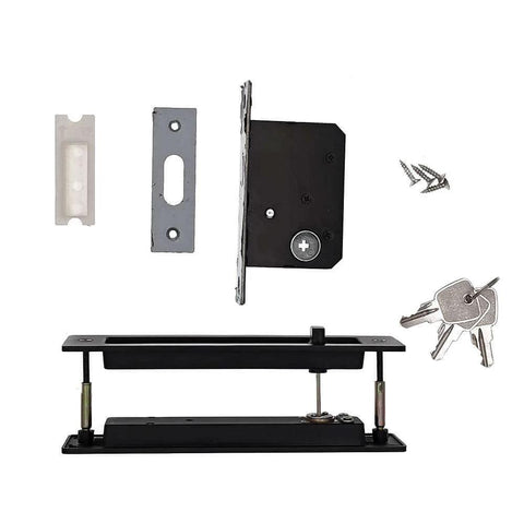 Hidden Pocket Door Lock Hardware With Keys, Recessed Matte Black Door Handle, Zinc Alloy, Anti Corrosion Finish