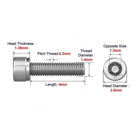 Micro M1.4 X 4mm Hex Socket Head Cap Screw DIN 912 Full Thread A2 Stainless Steel 304 Corrosion Resistant for electronics.