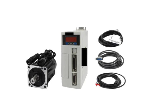 YJHQJNLE servo motor kit with matched driver; white controller with display, black motor, bundled cables.