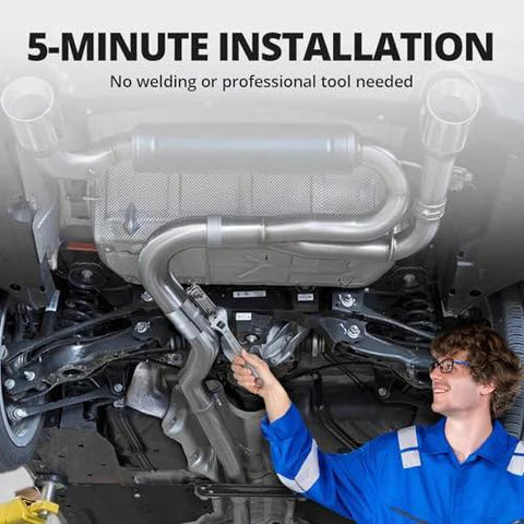 EVIL ENERGY 2'' exhaust clamp; stainless steel lap joint for car exhaust, undercar view with mechanic and 5-MINUTE banner
