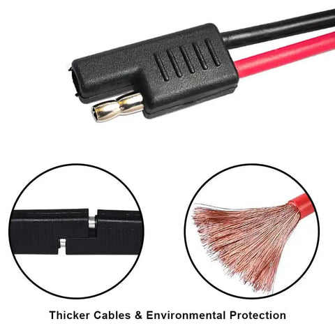 Close-up of 2 Pin Quick Disconnect SAE Wire Harness Connector with 12 inch 12 gauge cable featuring red and black leads.