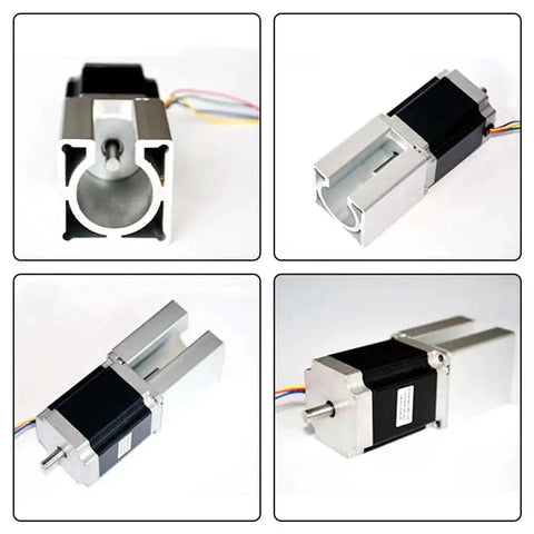 Four views of a Three Piece Nema23 Stepper Motor Mount Bracket Set for CNC Routers and Milling Machines, aluminum alloy, 57x57x50mm.