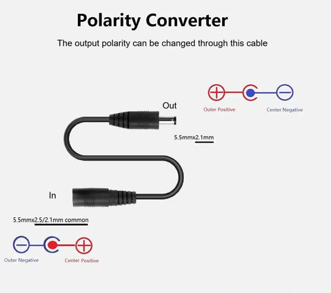 Polarity converter cable showing connections for 9V DC Power Supply 1A With Dual Barrel Plugs 5.5 x 2.1mm And 5.5 x 2.5mm Center Positive