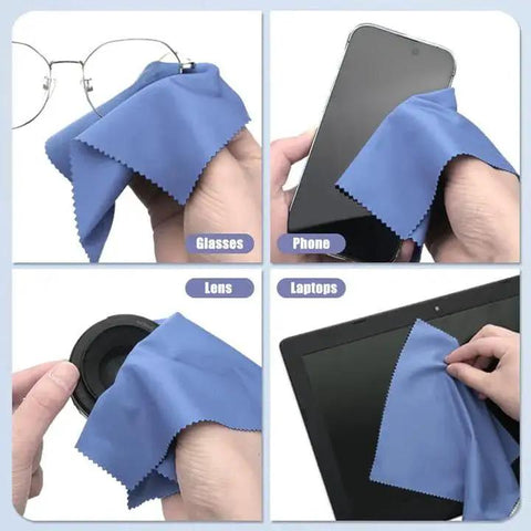 Using 12 Pack Microfiber Cleaning Cloths For Lenses Screens Cameras Eyeglasses 6x7 on glasses, phone, lens, and laptop