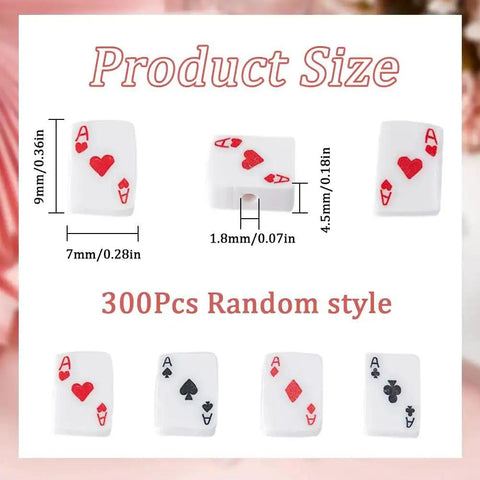Polymer Clay Beads Poker Card Print Flat Rectangle Spacer Beads 300Pcs For Jewelry Making Necklace Bracelet DIY Accessories Black White Hearts Clubs Diamonds