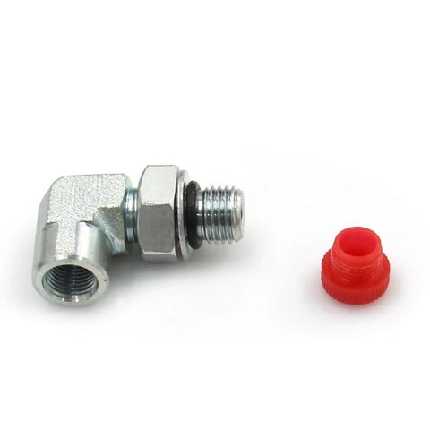 Ford Powerstroke 7.3 Fuel Pressure Test Port Adapter 1/8NPT With 90 Degree Elbow in metal with red plastic cap