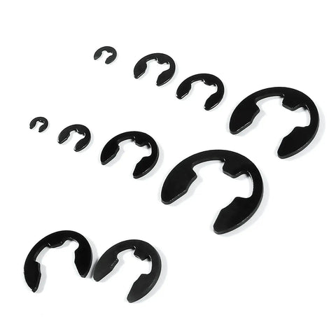 Essential E Clip Assortment Kit For Bearings Gears Pulleys And Shafts With 10 Sizes From 1.5mm To 10mm External Retaining Rings Snap Rings Set DIANN Pro Grade Hardened Steel displayed in varying sizes