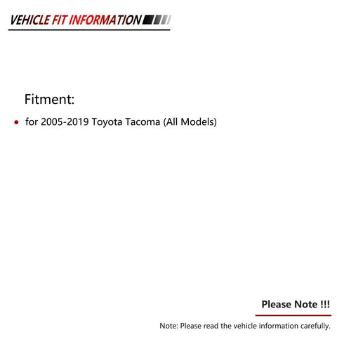 Vehicle fitment information for 2005-2019 Toyota Tacoma, all models, text on white background.