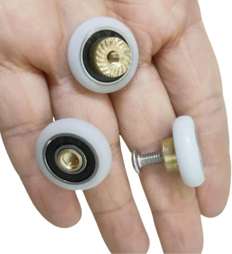4 Sets Shower Door Rollers 25mm Wheel Replacement For Glass Shower Doors Easy Install, visible in hand with copper plus P bearings
