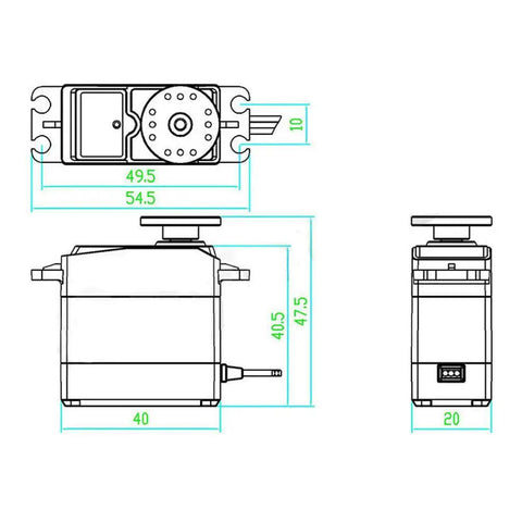 MG996R metal-gear high-torque servo motor; front and side views with dimension lines.