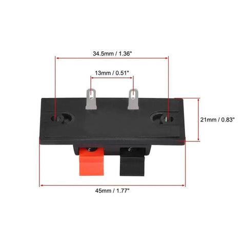 2 Way Spring Speaker Terminal Clip Push Release Connector, 2pcs, showing dimensions for speakers, AWG24-16 cable, red black polarity.