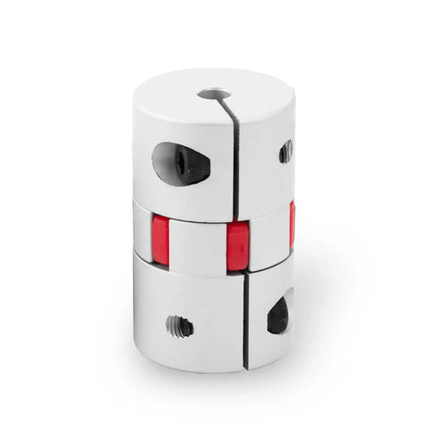 D40xL65 Aluminum Shaft Coupling 8mm To 12.7mm Beefy Flexible Spider Coupler with red accents, front view