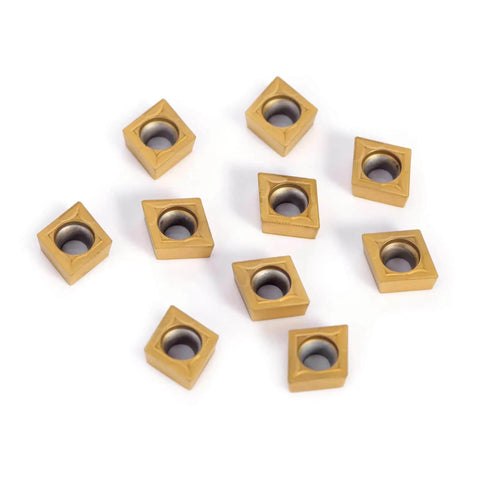 CCMT Turning Insert Set 32.5 Degree Carbide Inserts 9T304 For CNC Lathe Machining 10 Pack, shown in scattered arrangement.