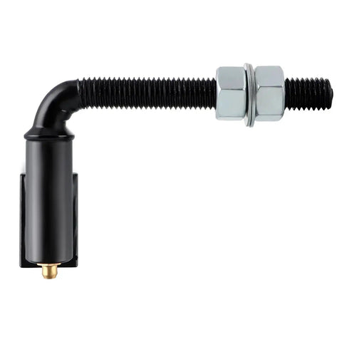 Side view of Heavy Duty J Bolt Gate Hinge For Welding Iron And Steel Gates With A Half Inch Bolt Adjustable Barrel, Rugged And Weather Resistant Black Powder Coat Finish, 1500 Pound Load Capacity, Rust Proof And Corrosion Resistant, 1 Pair For Outdoor Gate Mounting.