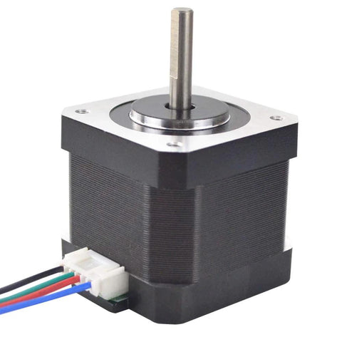 Front view of a NEMA 17 stepper motor with 39mm body, black housing, silver faceplate, and 4-wire connector