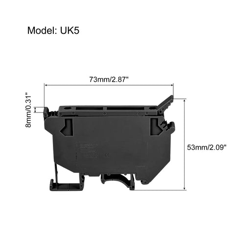 Side view of black DIN Rail Mount Screw Type Fuse Holder Terminal Block UK5, dimensions 73x53x8 mm, for electrical panels.